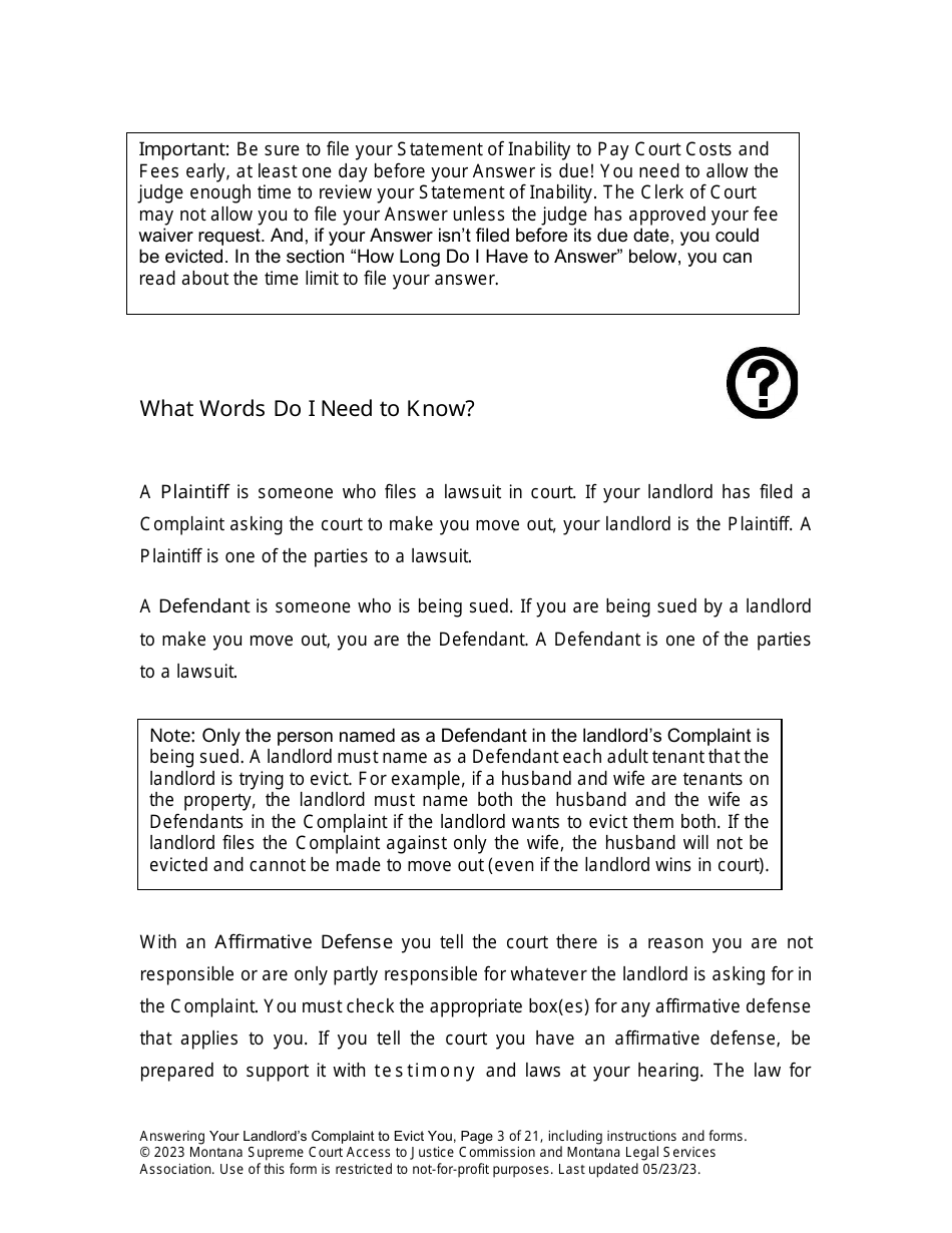 Answering an Action for Possession Packet (Answering Your Landlords Complaint to Evict You) - Montana, Page 3