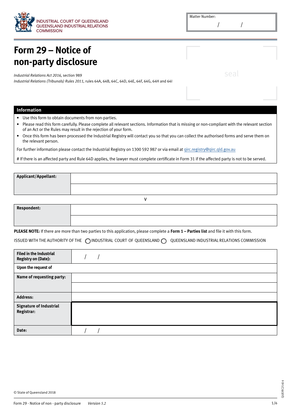 Form 29 Notice of Non-party Disclosure - Queensland, Australia, Page 1