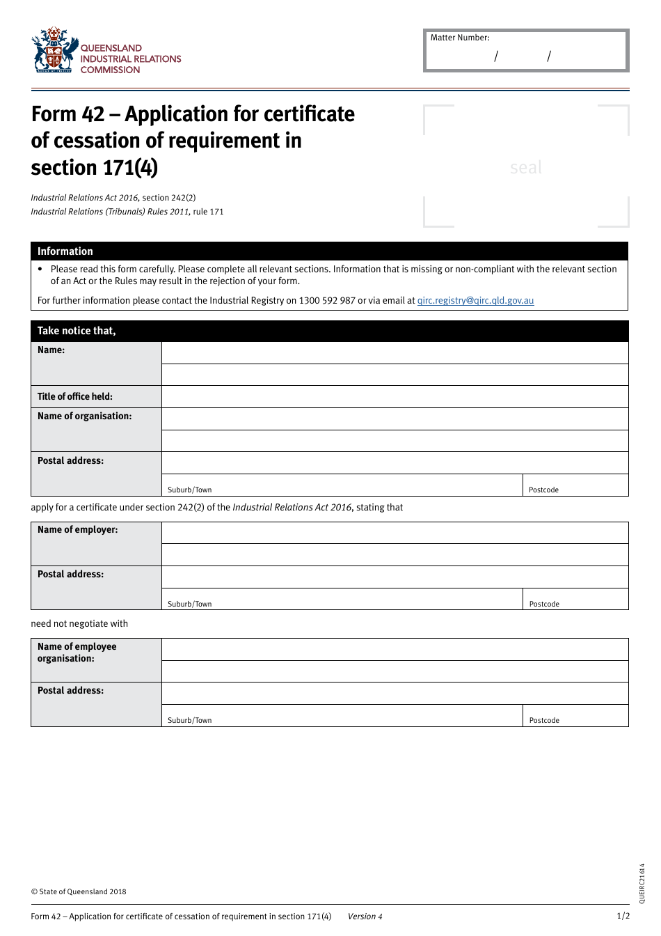 Form 42 Application for Certificate of Cessation of Requirement in Section 171(4) - Queensland, Australia, Page 1