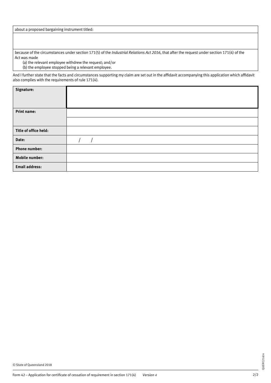 Form 42 Application for Certificate of Cessation of Requirement in Section 171(4) - Queensland, Australia, Page 2