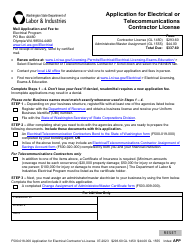 Document preview: Form F500-018-000 Application for Electrical or Telecommunications Contractor License - Washington