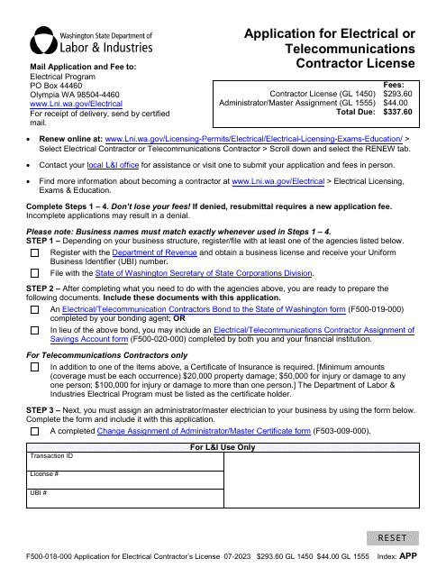 Form F500-018-000 Application for Electrical or Telecommunications Contractor License - Washington