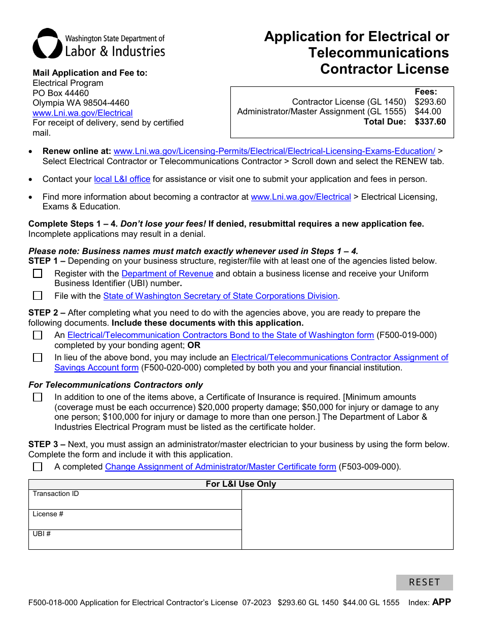 Form F500-018-000 Application for Electrical or Telecommunications Contractor License - Washington, Page 1