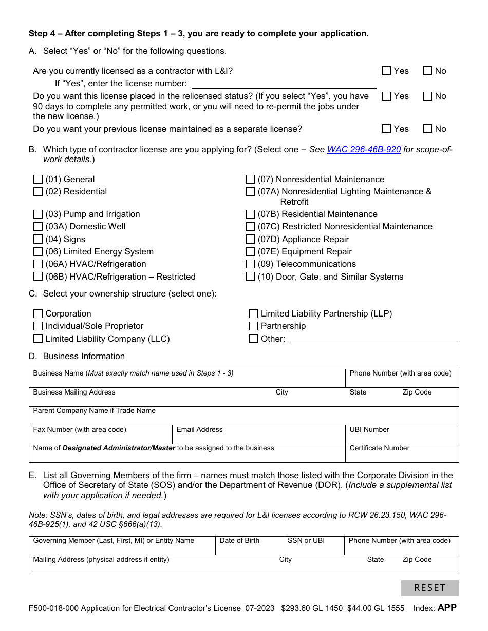 Form F500-018-000 Application for Electrical or Telecommunications Contractor License - Washington, Page 2
