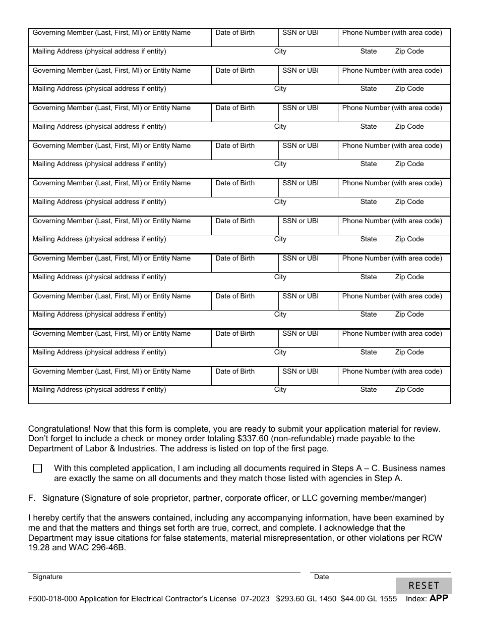 Form F500-018-000 Application for Electrical or Telecommunications Contractor License - Washington, Page 3