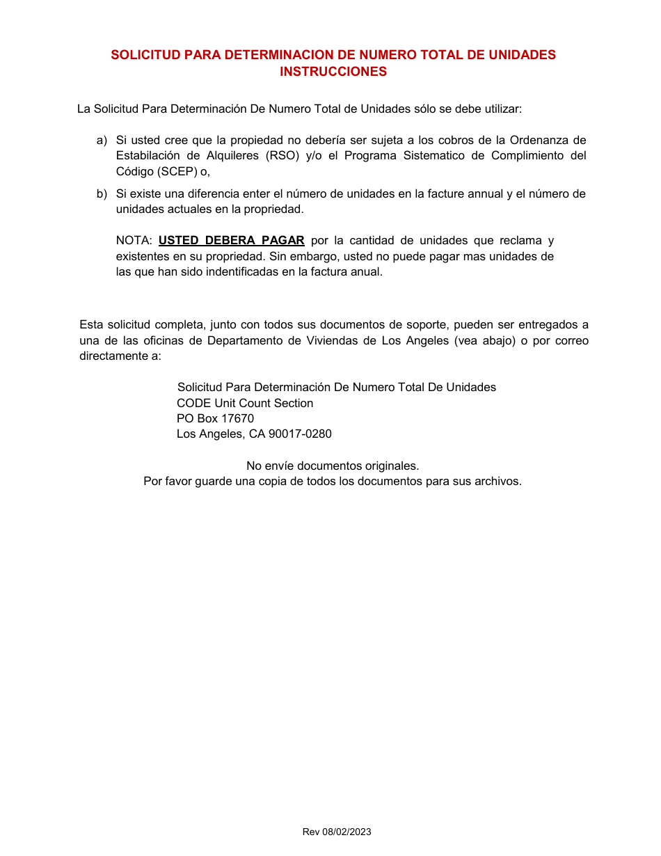 Solicitud Para Determinacion De Numero Total De Unidades - City of Los Angeles, California (Spanish), Page 2