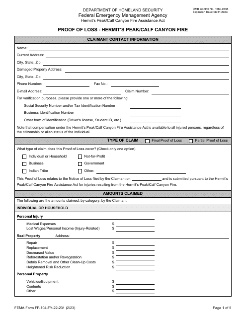 FEMA Form FF-104-FY-22-231  Printable Pdf