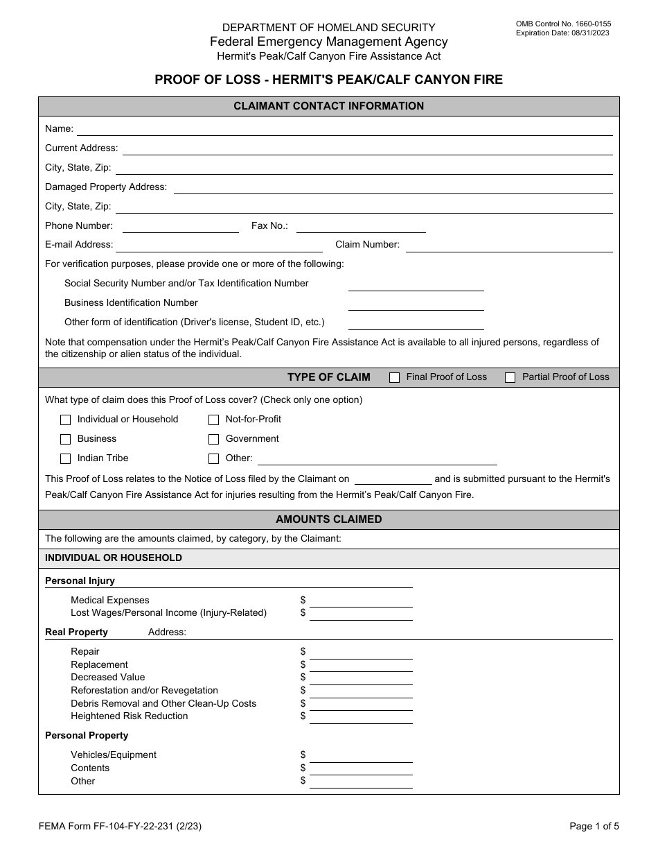FEMA Form FF-104-FY-22-231 Proof of Loss - Hermits Peak / Calf Canyon Fire, Page 1