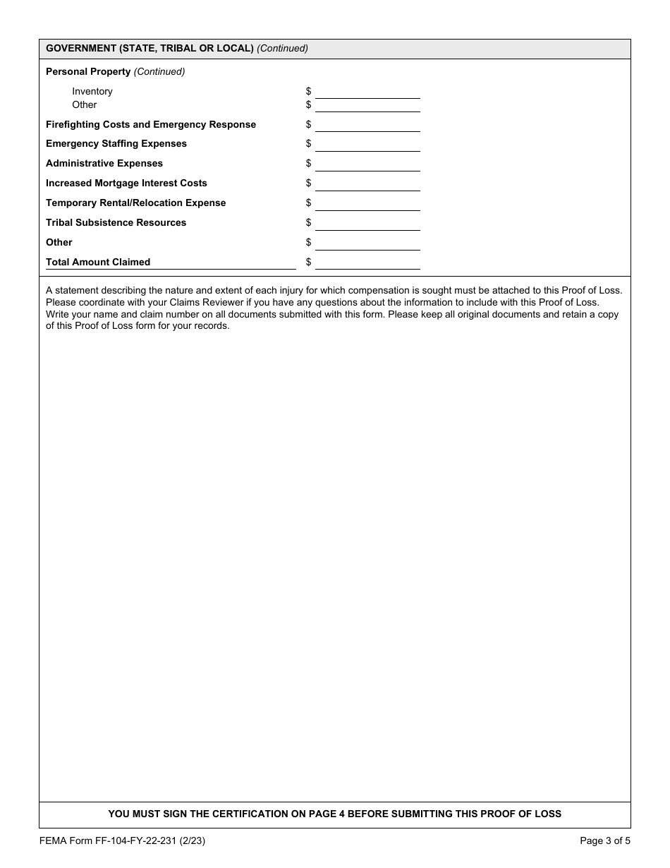 FEMA Form FF-104-FY-22-231 Proof of Loss - Hermits Peak / Calf Canyon Fire, Page 3