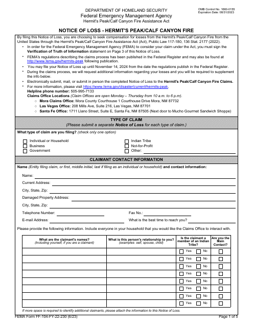 FEMA Form FF-104-FY-22-230 Notice of Loss - Hermit's Peak/Calf Canyon Fire