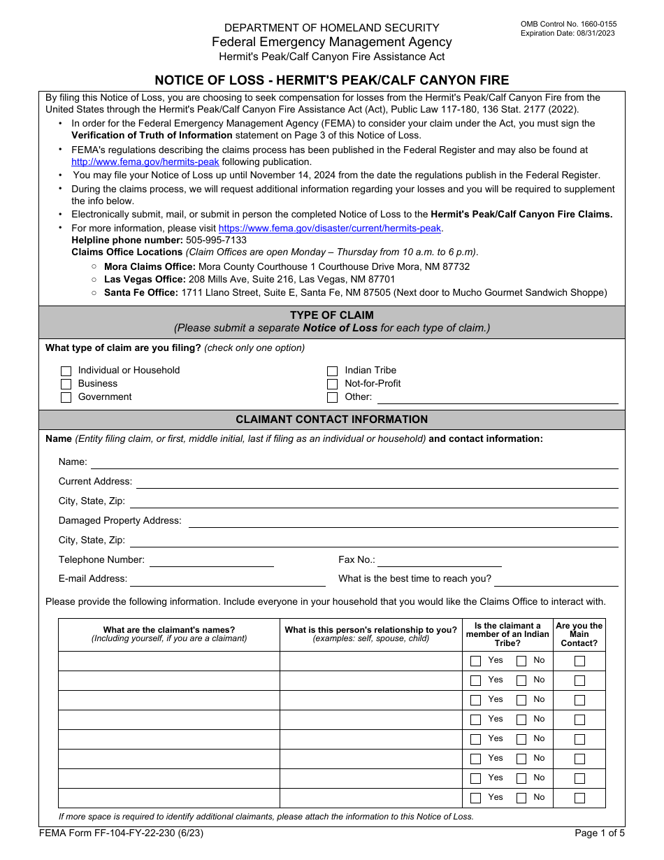 FEMA Form FF-104-FY-22-230 Notice of Loss - Hermits Peak / Calf Canyon Fire, Page 1