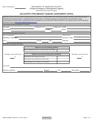 Document preview: FEMA Form FF-206-FY-21-149 Adjuster's Preliminary Damage Assessment (Apda)