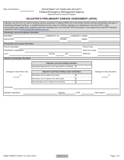 FEMA Form FF-206-FY-21-149 Adjuster's Preliminary Damage Assessment (Apda)