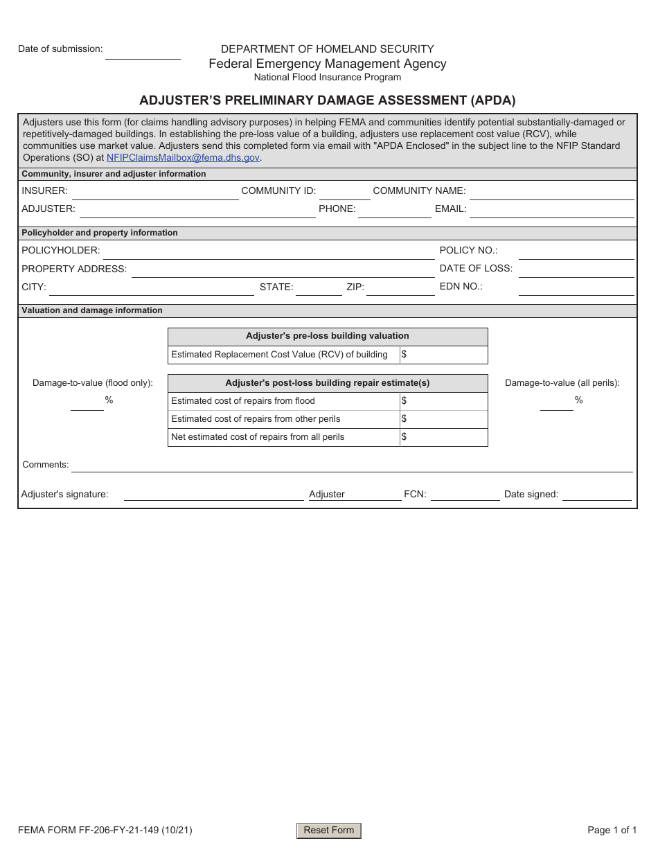 FEMA Form FF-206-FY-21-149 Adjusters Preliminary Damage Assessment (Apda), Page 1