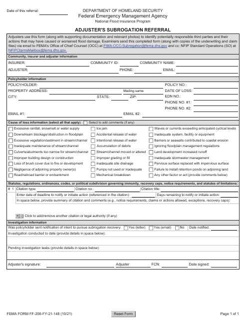 FEMA Form FF-206-FY-21-148 Adjuster's Subrogation Referral