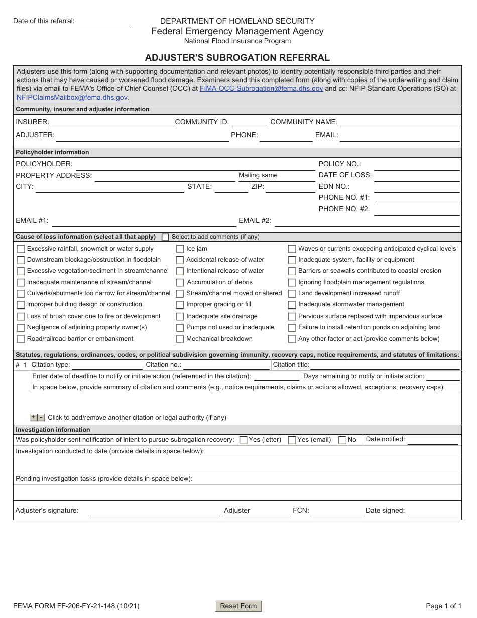 FEMA Form FF-206-FY-21-148 Adjusters Subrogation Referral, Page 1