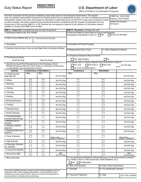 Form CA-17 Duty Status Report