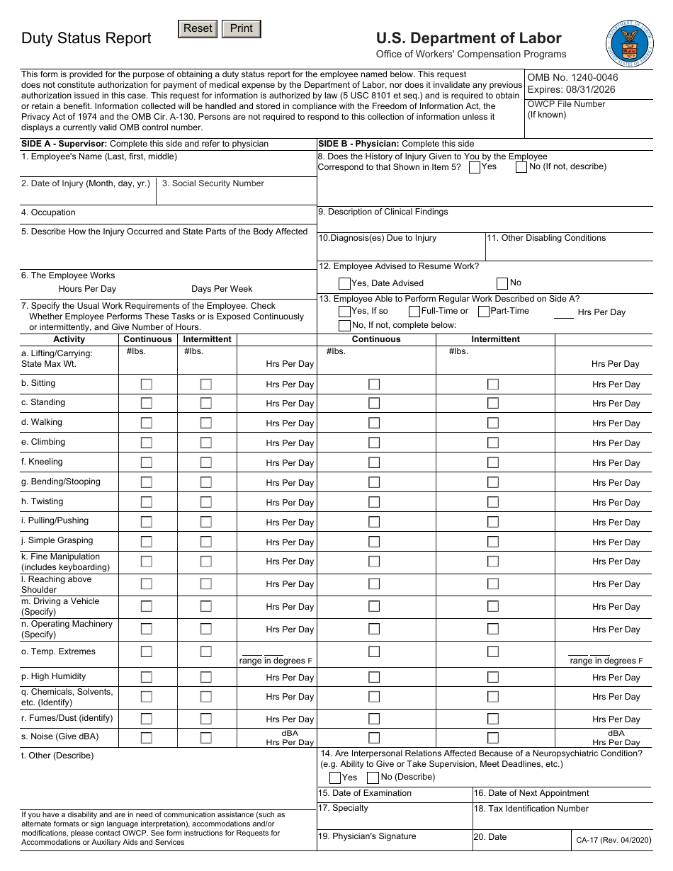 Form CA-17 Download Fillable PDF or Fill Online Duty Status Report ...