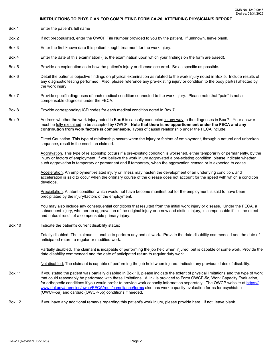 Form CA-20 Attending Physicians Report, Page 2