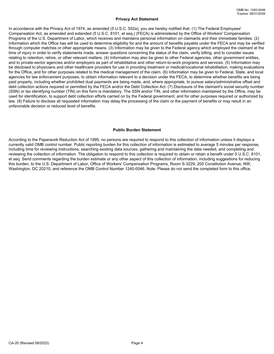 Form CA-20 Attending Physicians Report, Page 4