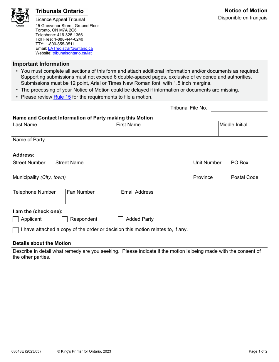 Form 03043E Notice of Motion - Ontario, Canada, Page 1