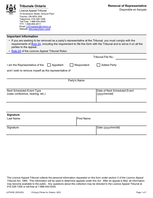 Form LAT003E Removal of Representative - Ontario, Canada