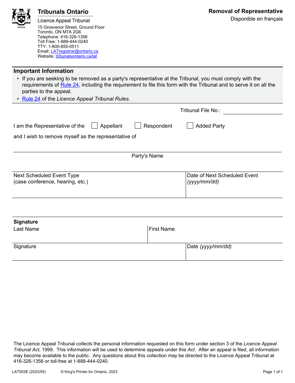 Form LAT003E Removal of Representative - Ontario, Canada, Page 1