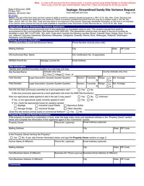 Form 3400-245 Septage: Streamlined Sandy Site Variance Request - Wisconsin