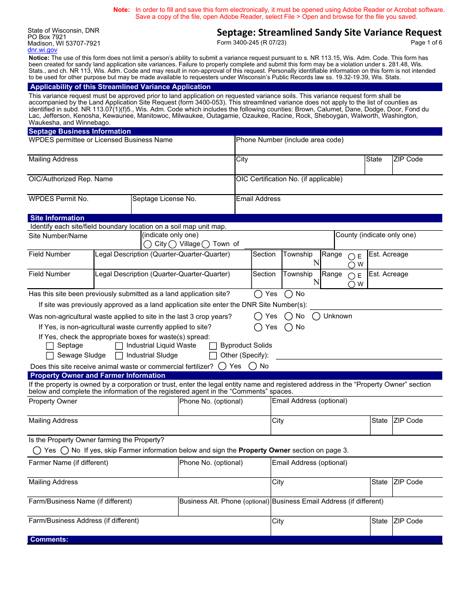 Form 3400-245 Septage: Streamlined Sandy Site Variance Request - Wisconsin, Page 1