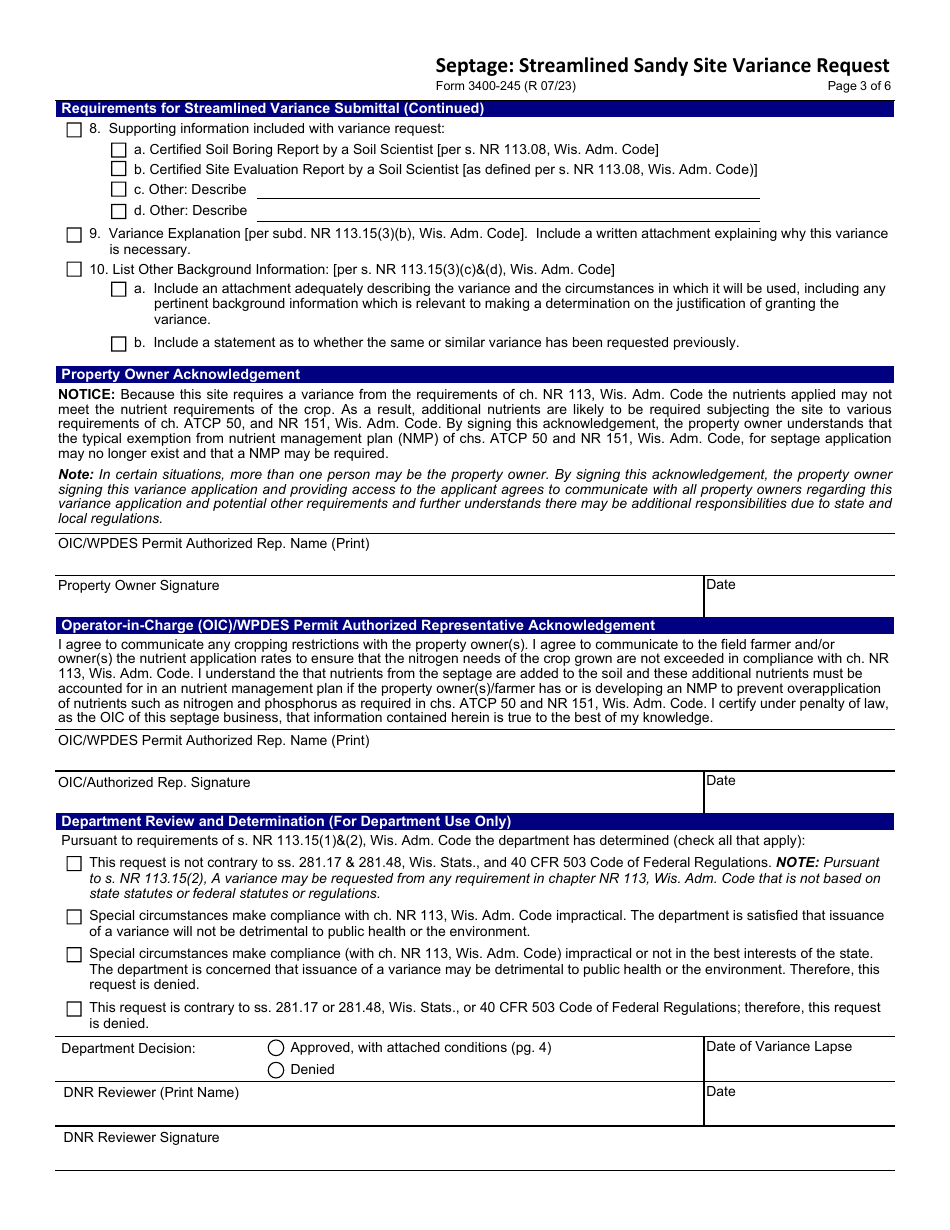 Form 3400-245 Septage: Streamlined Sandy Site Variance Request - Wisconsin, Page 3