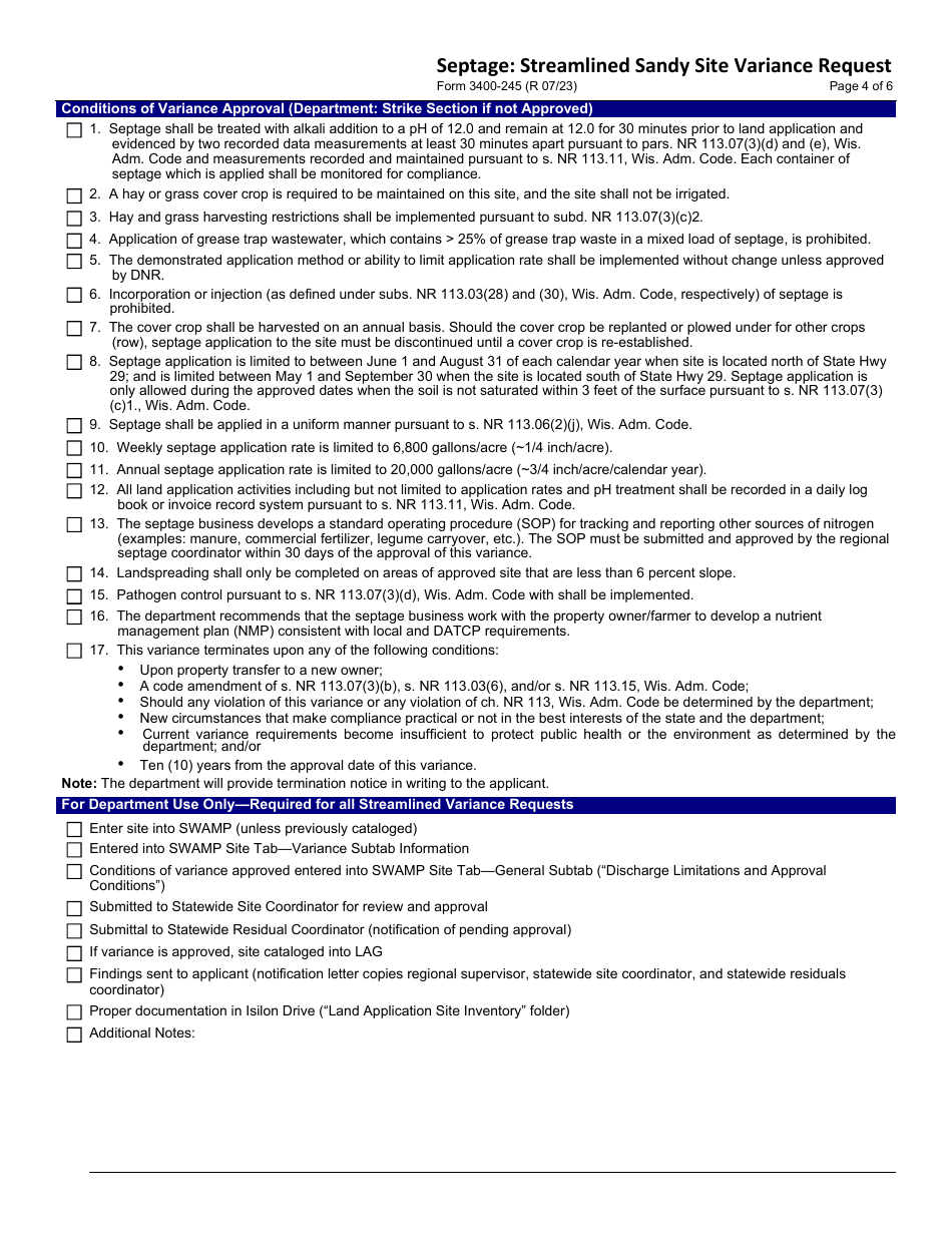 Form 3400-245 Septage: Streamlined Sandy Site Variance Request - Wisconsin, Page 4