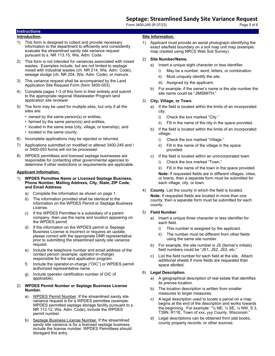 Form 3400-245 Septage: Streamlined Sandy Site Variance Request - Wisconsin, Page 5