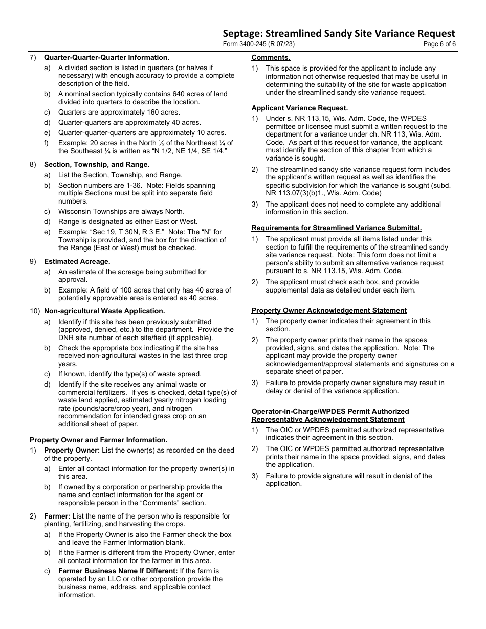 Form 3400-245 Septage: Streamlined Sandy Site Variance Request - Wisconsin, Page 6