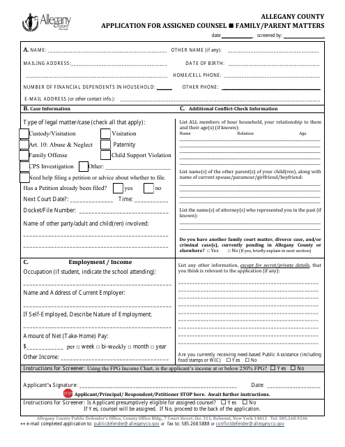 Application for Assigned Counsel - Family / Parent Matters - Allegany County, New York Download Pdf