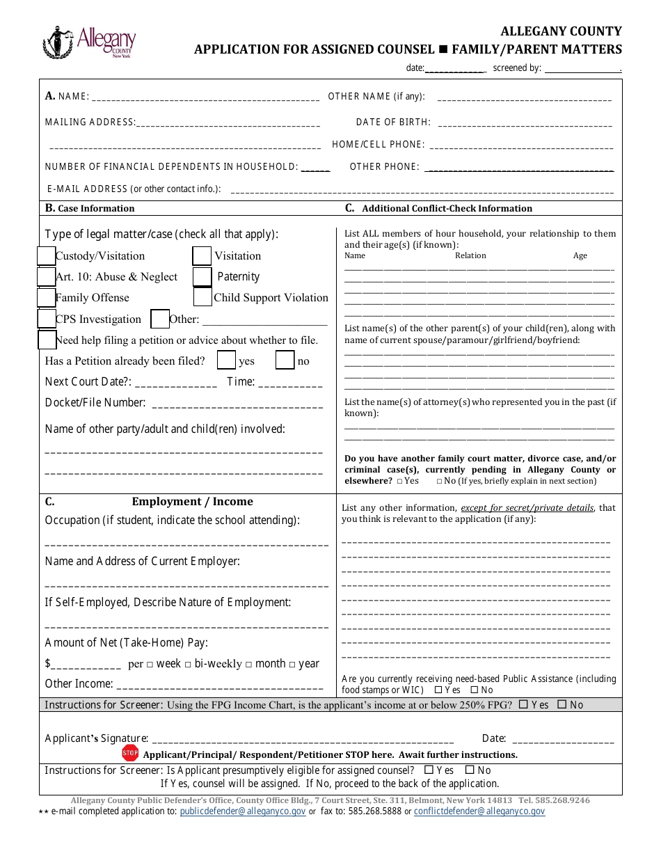 Application for Assigned Counsel - Family / Parent Matters - Allegany County, New York, Page 1