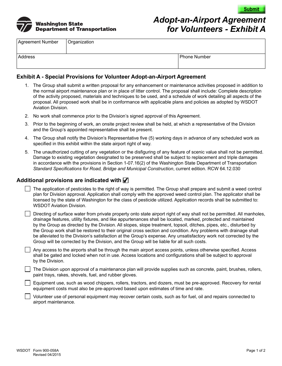 Form 900-058A Exhibit A Adopt-An-airport Agreement for Volunteers - Washington, Page 1