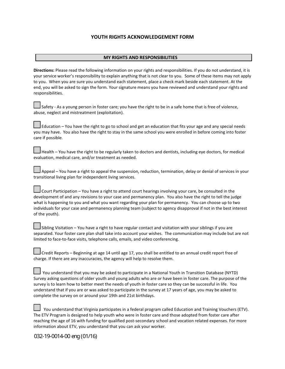 Form 032-19-0014-00-ENG Youth Rights Acknowledgement Form - Virginia, Page 1
