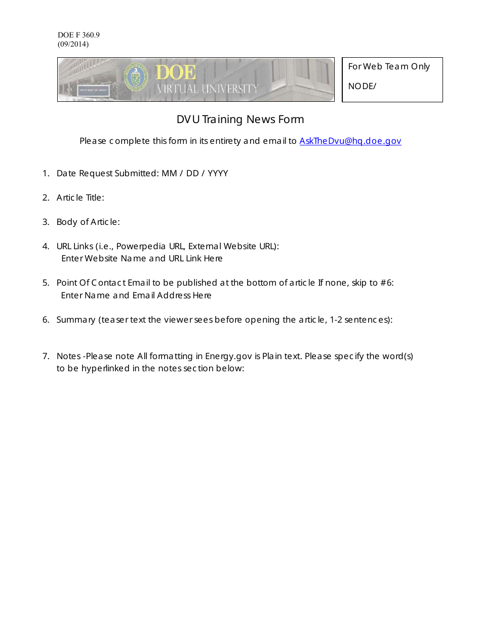 Form DOE F360.9 Dvu Training News Form, Page 1
