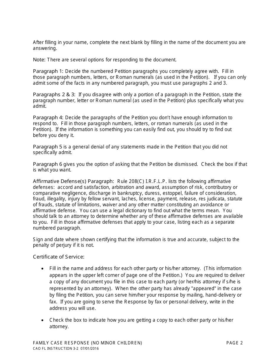 Instructions for Form CAO FL3-2 Family Case Response (No Minor Children) - Idaho, Page 2