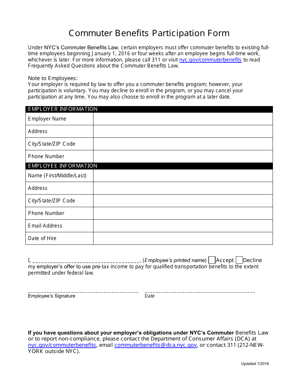 New York City Commuter Benefits Participation Form Fill Out, Sign