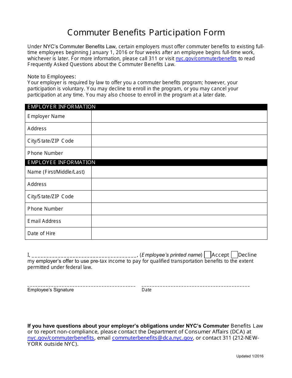 Commuter Benefits Participation Form - New York City, Page 1