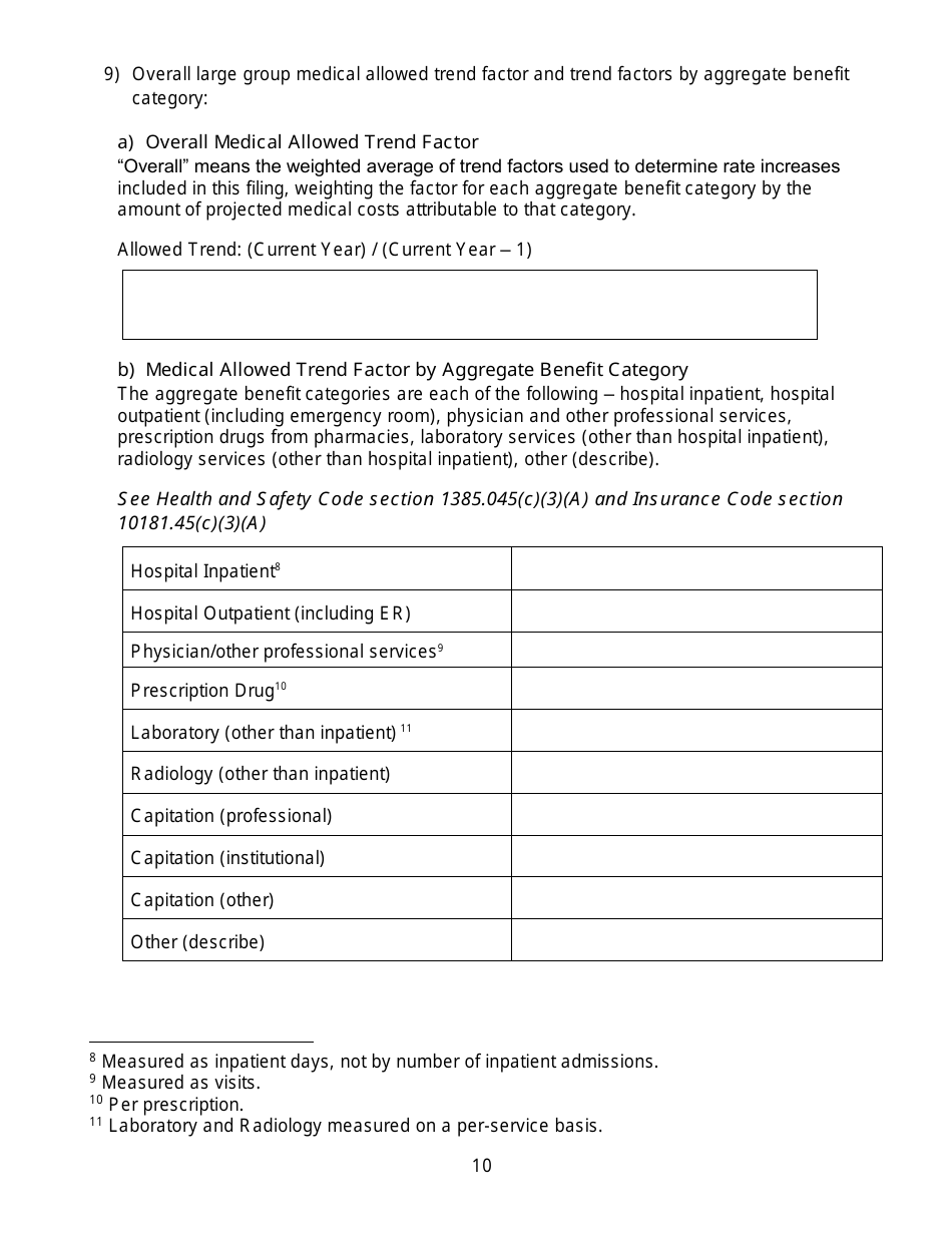 California Large Group Annual Aggregate Rate Data Report Form - California, Page 10