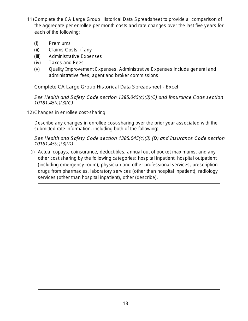 California Large Group Annual Aggregate Rate Data Report Form - California, Page 13