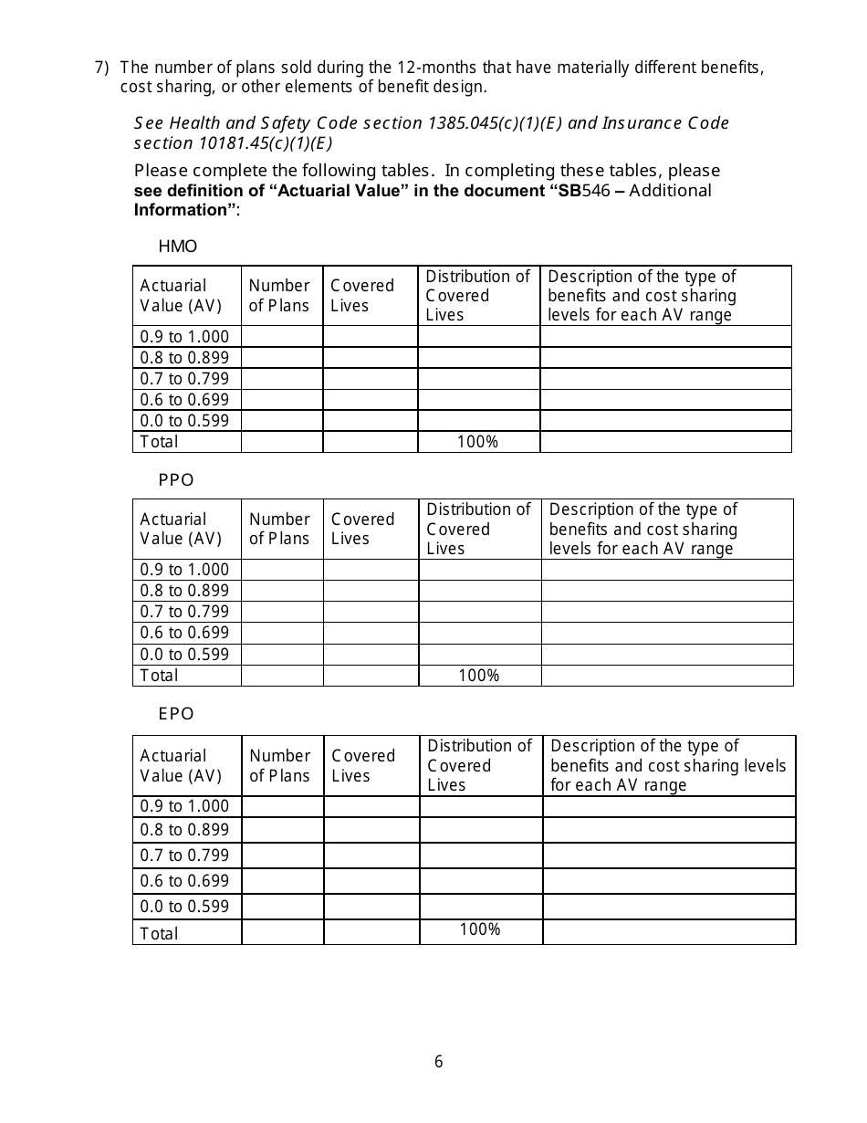 California Large Group Annual Aggregate Rate Data Report Form - California, Page 6