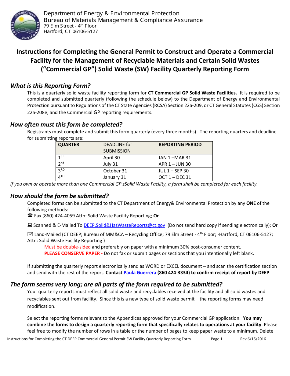 Instructions for General Permit to Construct and Operate a Commercial Facility for the Management of Recyclable Materials and Certain Solid Wastes - (commercial Gp) Solid Waste (SW) Facility Quarterly Reporting Form - Connecticut, Page 1