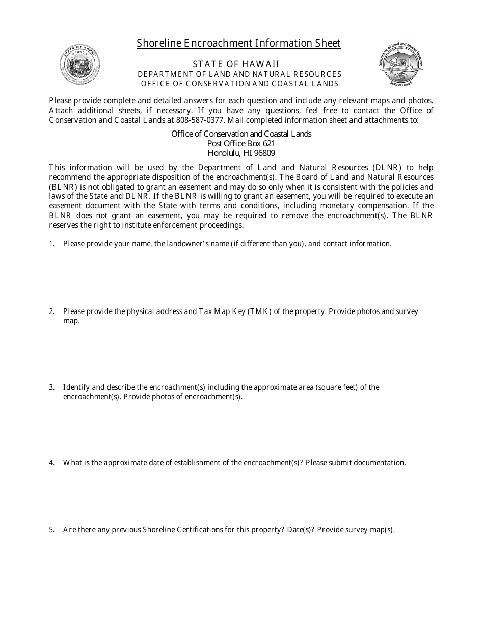 Shoreline Encroachment Information Sheet - Hawaii, Page 1