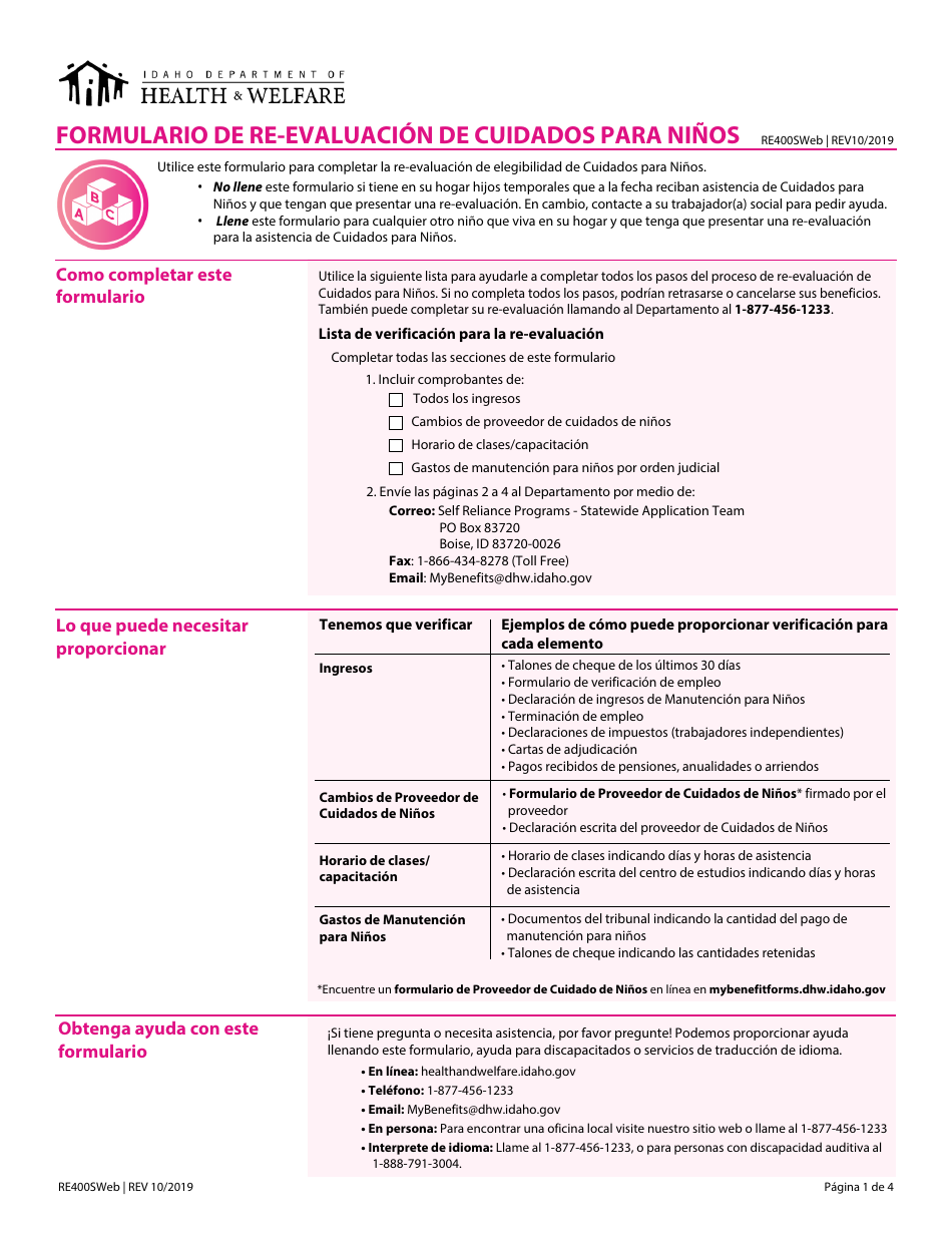 Formulario RE400SWEB Formulario De Re-evaluacion De Cuidados Para Ninos - Idaho (Spanish), Page 1