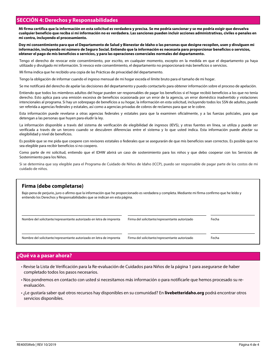 Formulario RE400SWEB Formulario De Re-evaluacion De Cuidados Para Ninos - Idaho (Spanish), Page 4