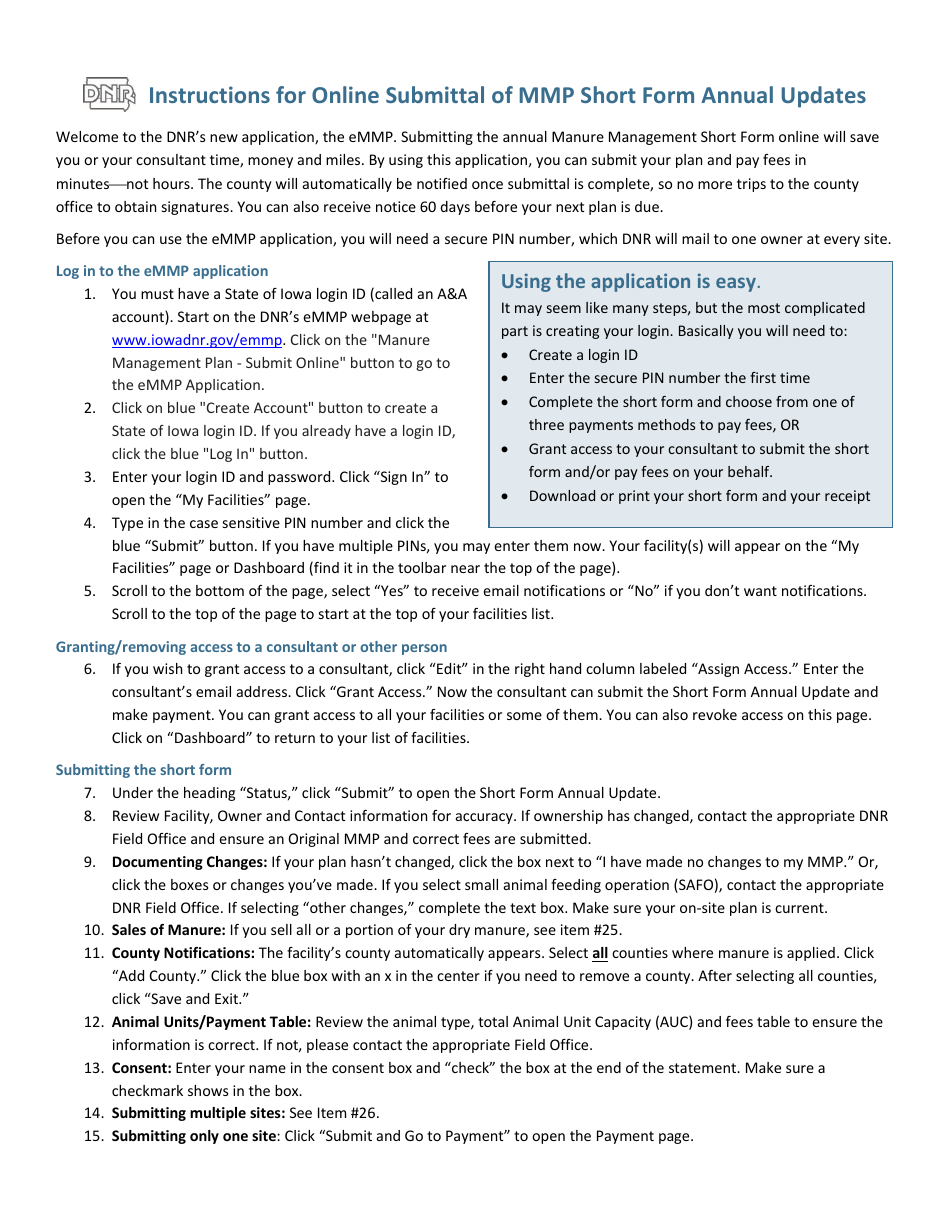 Instructions for Online Submittal of Mmp Short Form Annual Updates - Iowa, Page 1