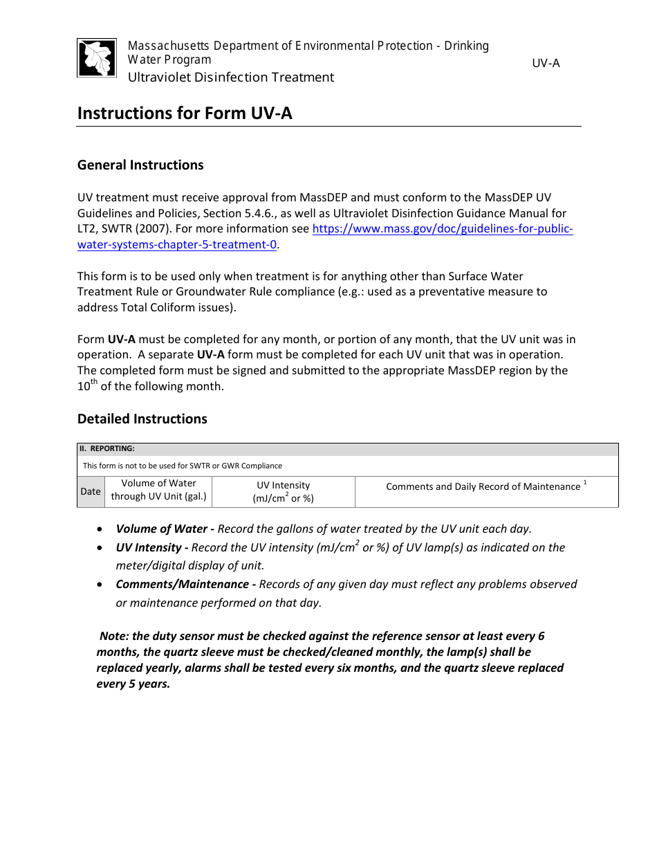 Instructions for Form UV-A Ultraviolet Disinfection Treatment Report - Massachusetts, Page 1
